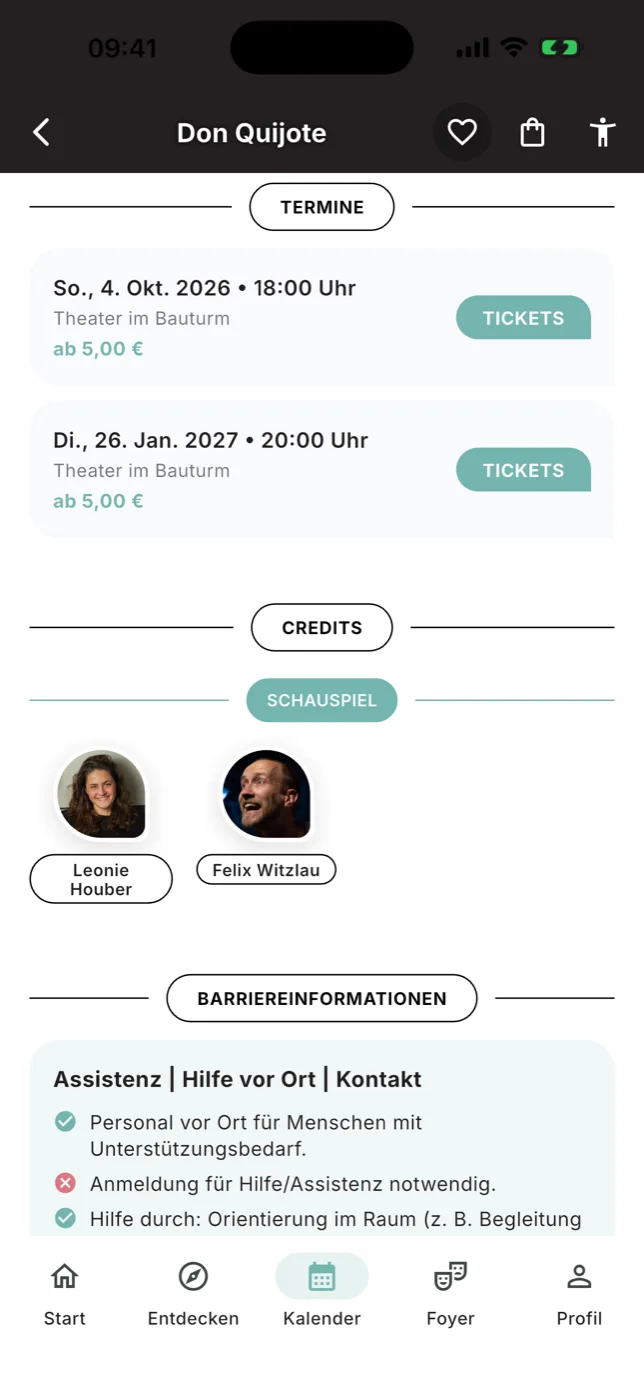 Qultor-App: Veranstaltungsseite mit Terminen und Ticketknopf